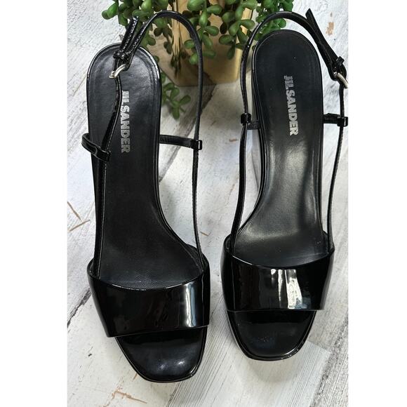 Jil Sander Black Patent Leather Square Toe Sandal Wedge Heels 38.5 - Picture 8 of 10